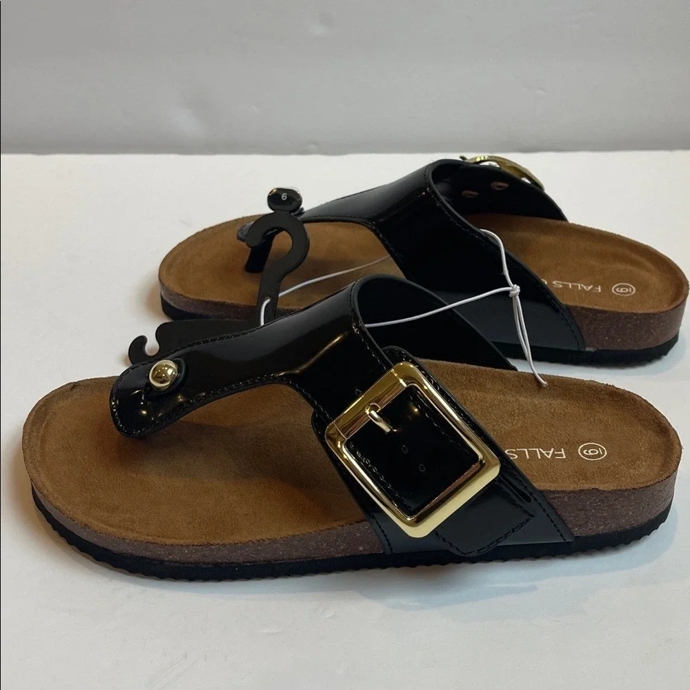 Falls Creek Slip On Black Patent Thong Buckle Sandal 6 NWT‎